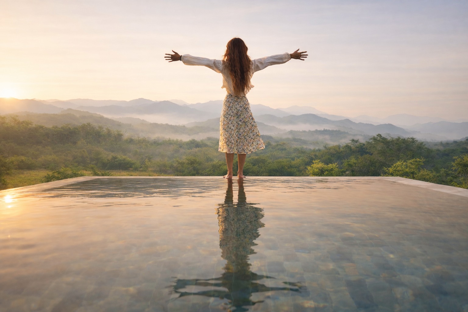 มุมใช้ชีวิตริมสระของวิลล่าพร้อมที่นั่งกลางแจ้งและความเขียวรอบตัว