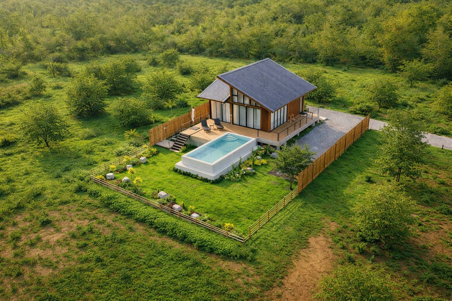 ภาพโดรนแสดงให้เห็นว่าวิลล่าอยู่ในบรรยากาศธรรมชาติที่เป็นส่วนตัว